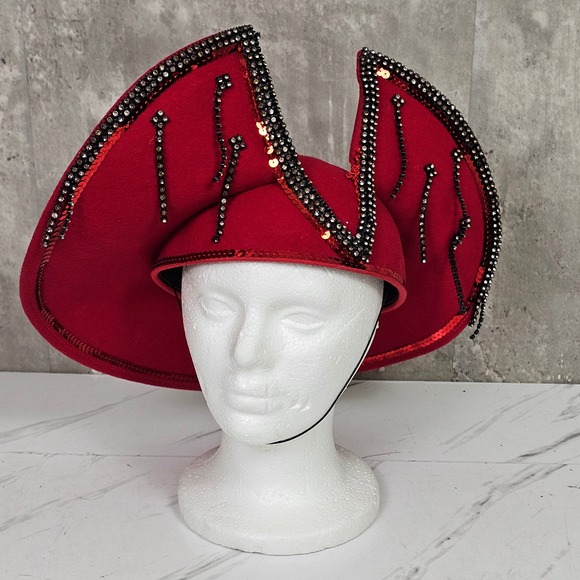 Vintage Accessories - Red Statement Felt Hat Rhinestone Embellished Unique Occasion‎ Headwear Cosplay